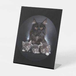 大きな黒猫と3匹の子猫がポーズ 台座サイン