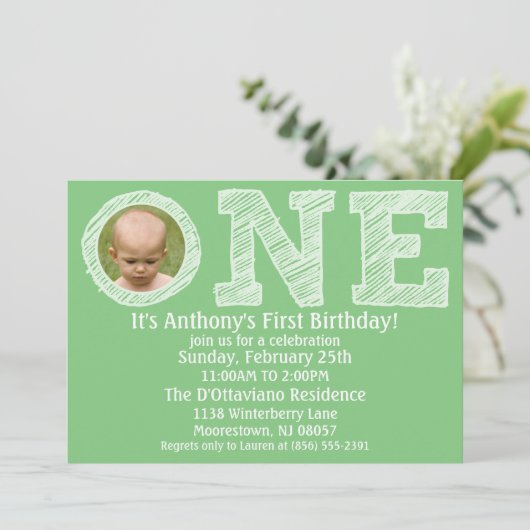 大きな1歳の誕生日パーティーをミント·グリーンにする 招待状 (スタンド正面)