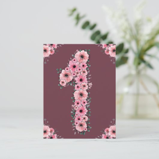 大きな1歳の誕生日ピンクの花ガール緑の葉 ポストカード (スタンド正面)