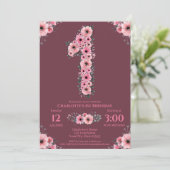 大きな1歳の誕生日ピンクの花ガール緑の葉 招待状 (スタンド正面)