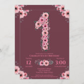 大きな1歳の誕生日ピンクの花ガール緑の葉 招待状 (正面/裏面)