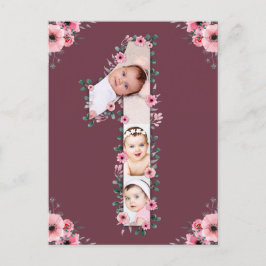大きな1歳の誕生日写真コラージュ ピンクの花の女の子 ポストカード