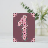 大きな1歳の誕生日 ピンクの花 女の子 緑の葉 ポストカード (スタンド正面)