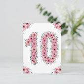 大きな10歳の誕生日 ピンクの花 女の子 緑の葉 ポストカード (スタンド正面)