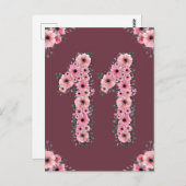 大きな11歳の誕生日 ピンクの花 女の子 緑の葉 ポストカード (正面/裏面)