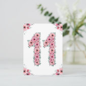 大きな11歳の誕生日 ピンクの花 女の子 緑の葉 ポストカード (スタンド正面)