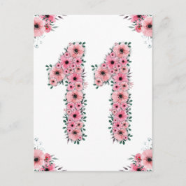 大きな11歳の誕生日 ピンクの花 女の子 緑の葉 ポストカード