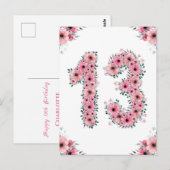 大きな13歳の誕生日 ピンクの花 女の子 緑の葉 ポストカード (正面/裏面)