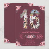 大きな16歳の誕生日ガール フォト コラージュ ピンクの花 招待状 (正面/裏面)