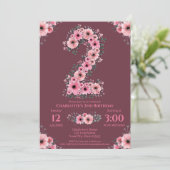 大きな2歳の誕生日 ピンクの花 女の子 緑の葉 招待状 (スタンド正面)
