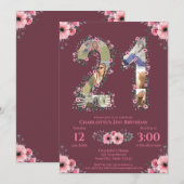大きな21歳の誕生日写真コラージュ ピンクの花の女性 招待状 (正面/裏面)