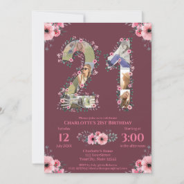 大きな21歳の誕生日写真コラージュ ピンクの花の女性 招待状