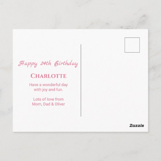 大きな24歳の誕生日 ピンクの花 女の子 緑の葉 ポストカード (裏面)