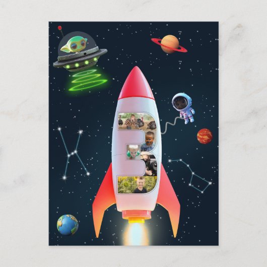 大きな3と写真 | 3歳の誕生日 ロケット 宇宙 ポストカード (正面)