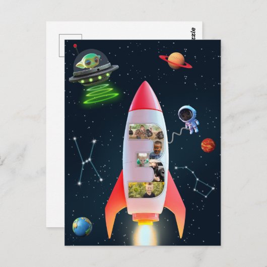 大きな3人の写真 | 3歳の誕生日ロケットスペース ポストカード (正面/裏面)