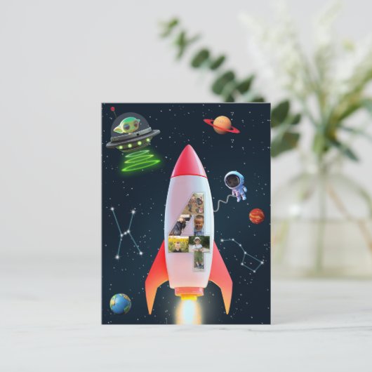 大きな4と写真 | 4歳の誕生日 ロケットスペース ポストカード (スタンド正面)
