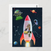 大きな4と写真 | 4歳の誕生日 ロケットスペース ポストカード (正面/裏面)