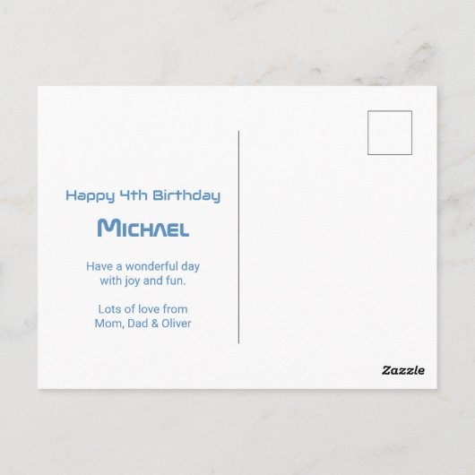 大きな4と写真 | 4歳の誕生日 ロケットスペース ポストカード (裏面)