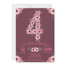 大きな4歳の誕生日ピンクの花ガールグリーンの葉