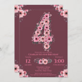 大きな4歳の誕生日ピンクの花ガールグリーンの葉 招待状 (正面/裏面)