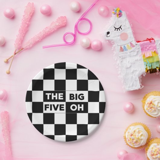 大きな5つのOh白黒パター市松模様にン ペーパープレート (パーティー)