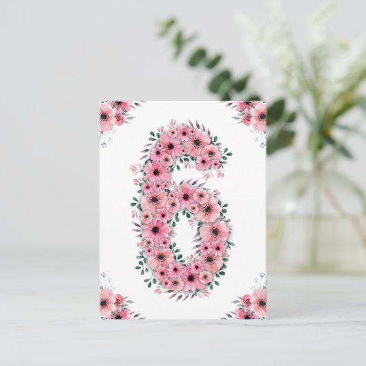 大きな6歳の誕生日 ピンクの花 女の子 緑の葉 ポストカード (スタンド正面)