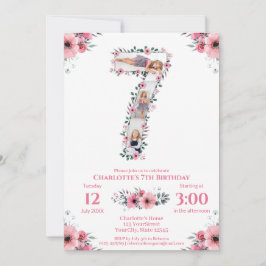 大きな7歳の誕生日ガール フォト コラージュ ピンクの花 招待状