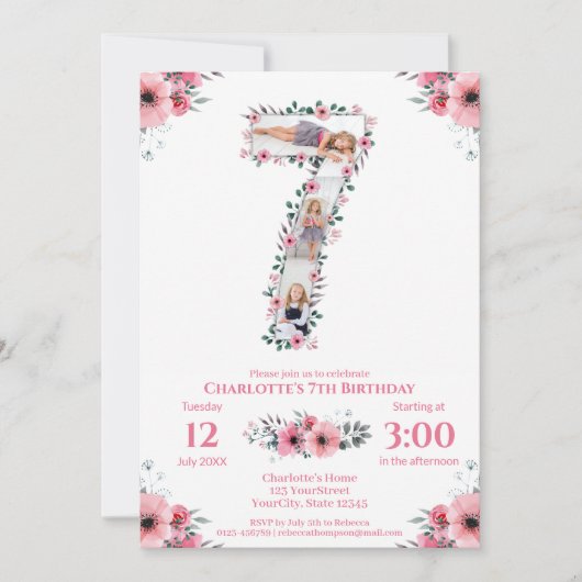 大きな7歳の誕生日ガール フォト コラージュ ピンクの花 招待状 (正面)
