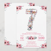 大きな7歳の誕生日ガール フォト コラージュ ピンクの花 招待状 (正面/裏面)
