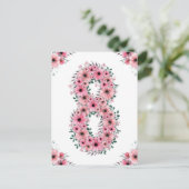 大きな8歳の誕生日 ピンクの花 女の子 緑の葉 ポストカード (スタンド正面)
