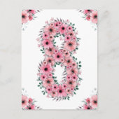 大きな8歳の誕生日 ピンクの花 女の子 緑の葉 ポストカード (正面)