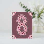 大きな8歳の誕生日 ピンクの花 緑の葉 ポストカード (スタンド正面)
