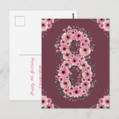 大きな8歳の誕生日 ピンクの花 緑の葉 ポストカード (正面/裏面)