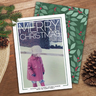 大きな'Merry Christmas'の文字が入った写真 - ボタニカルな裏面デザイン シーズンカード