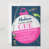 大きなONE魚釣りファースト誕生日女の子でリール 招待状 (正面)
