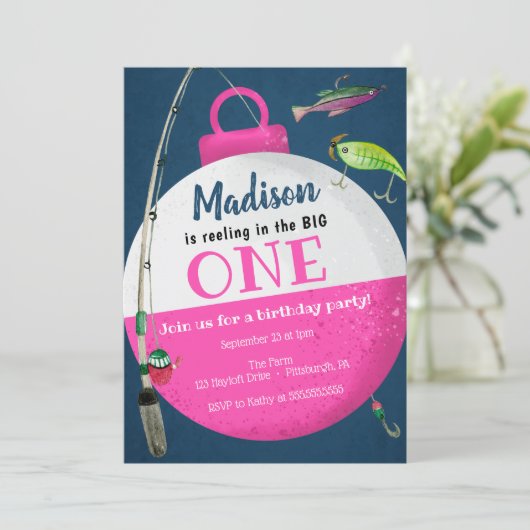 大きなONE魚釣りファースト誕生日女の子でリール 招待状 (スタンド正面)