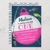 大きなONE魚釣りファースト誕生日女の子でリール 招待状 (正面/裏面)