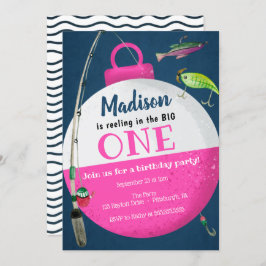 大きなONE魚釣りファースト誕生日女の子でリール 招待状