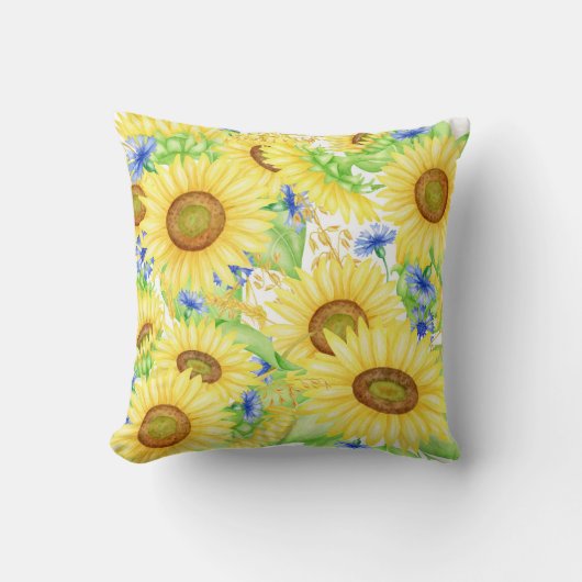 大きはっきりしたい黄色のひまわり青 クッション (正面)