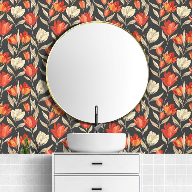 大きはっきりしたなチューリップ花ヴィンテージ模様 壁紙 (Big Bold Tulip Flower Vintage Pattern Wallpaper from Ricaso. Ideal for any room, Stylish & Elegant)