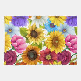 大きはっきりしたな植物カラフルの花 キッチンタオル