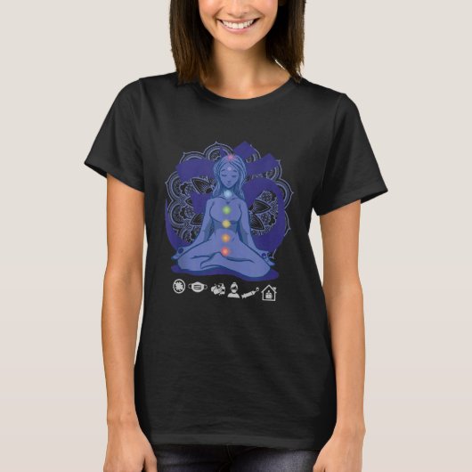 大きめサイズの女性と女子のためのオームヨガチャクラ瞑想 Tシャツ (正面)