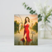 大きエレガントな魚を抱えた赤いドレスの女性 シーズンポストカード (スタンド正面)