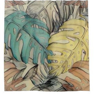 大きカラフル葉い熱帯水絵画色 シャワーカーテン