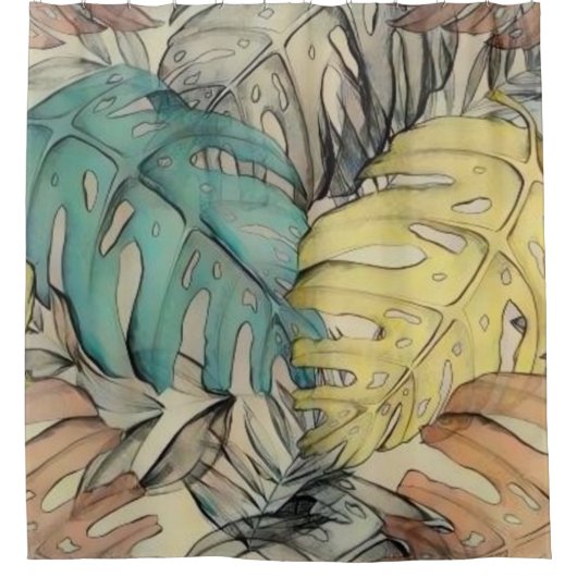 大きカラフル葉い熱帯水絵画色 シャワーカーテン (正面)