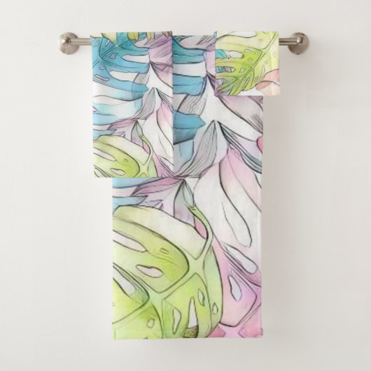 大きカラフル葉い熱帯水絵画色 バスタオルセット (インサイチュ)