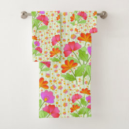 大きポップ・アートのな色の花ピンクとオレンジの淡い色の緑 バスタオルセット