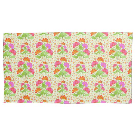 大きポップ・アートのな色の花ピンクとオレンジの淡い色の緑 枕カバー (正面)