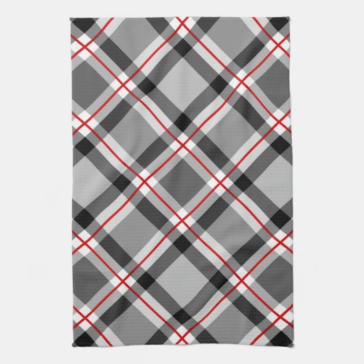 大きモダンい格子縞、黒、白、灰色、赤 キッチンタオル (縦)