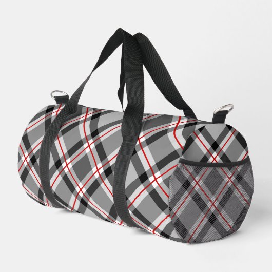 大きモダンい格子縞、黒、白、灰色、赤 ダッフルバッグ (右コーナー)